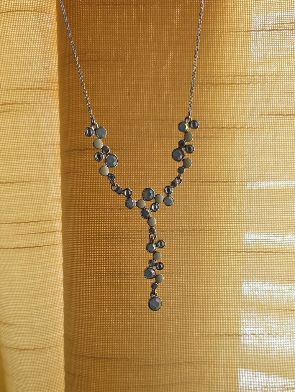 Vintage Silver Tone Iridescent Disc Y-Chain Necklace - Women Jewelry